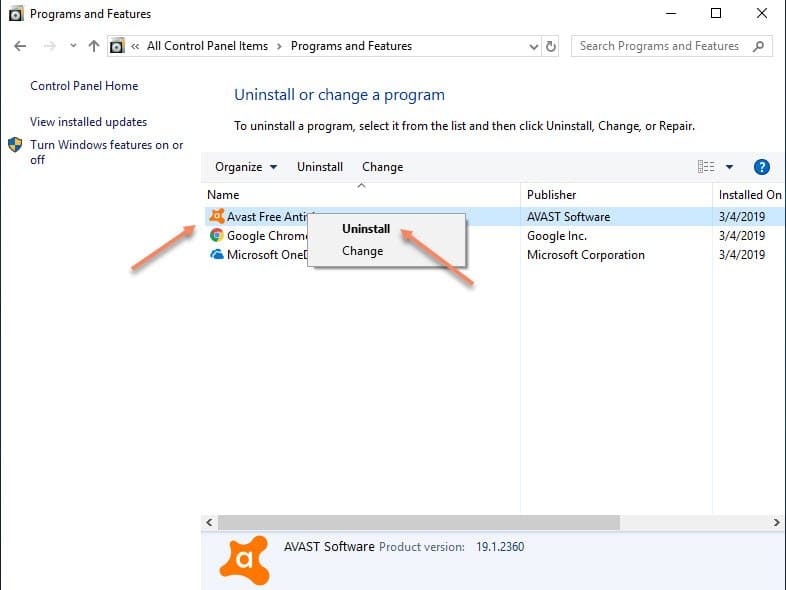 Uninstal Repair Avast