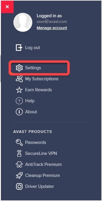 reset avast password and delete my data