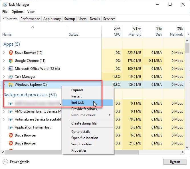 closed windows explorer in task manager