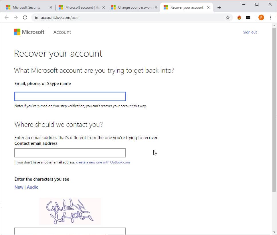 microsoft account recovery page authenticator