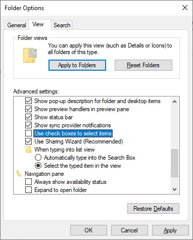 remove checkbox windows 10