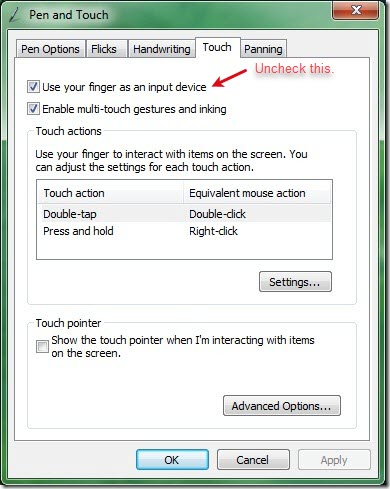 turn off touch screen windows 7