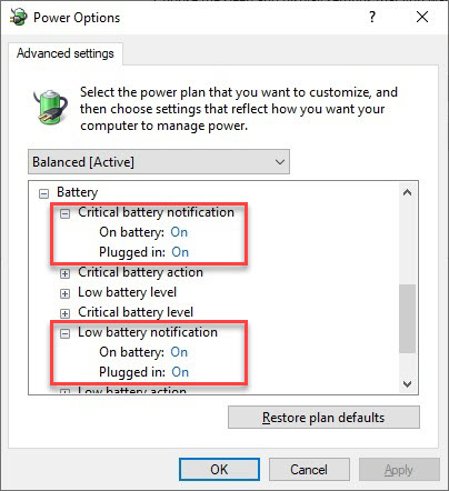 windows 10 low battery notification not working