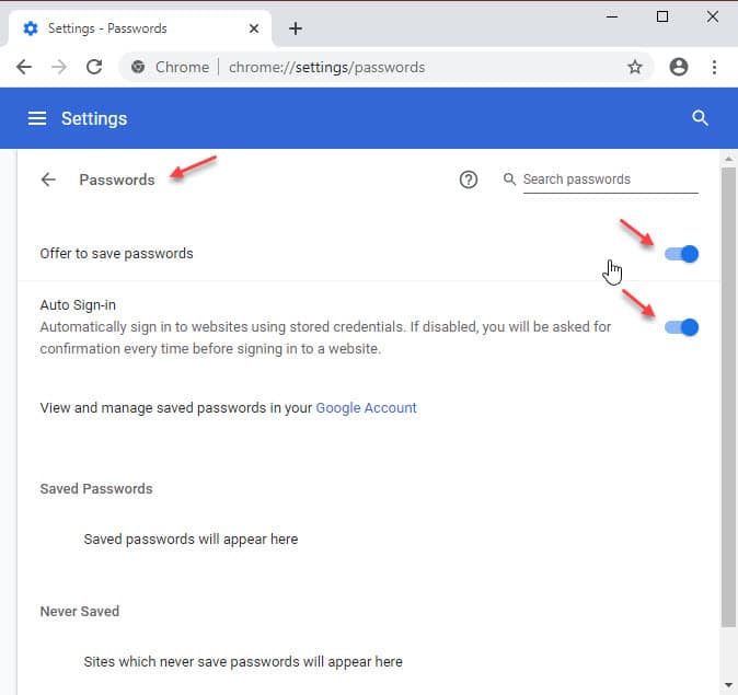 turn of save passwords in chrome