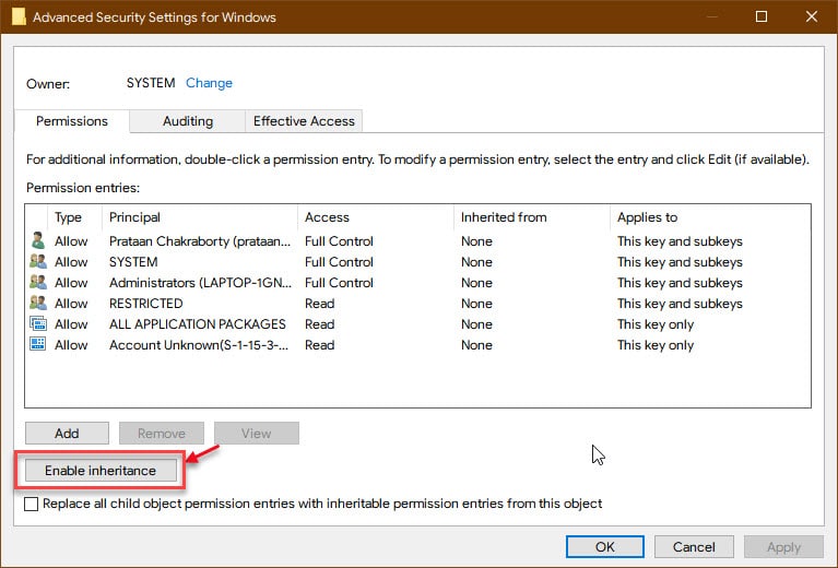 windows 10 registry permissions reset