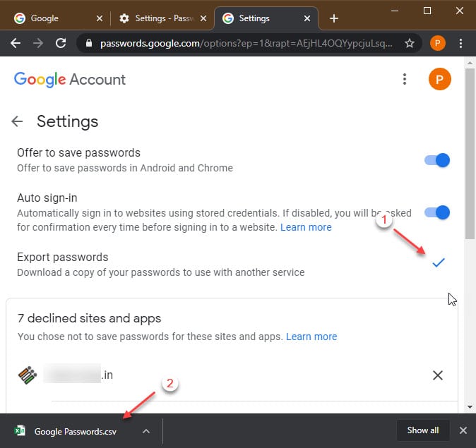 google chrome saved passwords export