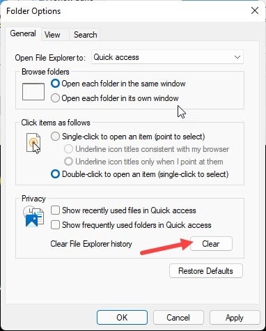 Clear File explorer history option
