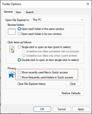 Show recently used files in Quick Access & Show frequently used folders in Quick Access options