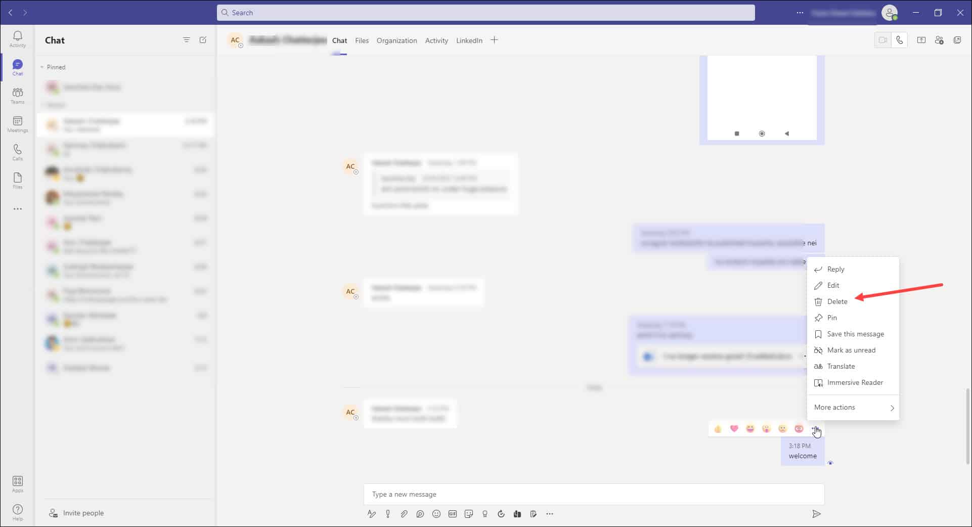 delete message in ms teams chat