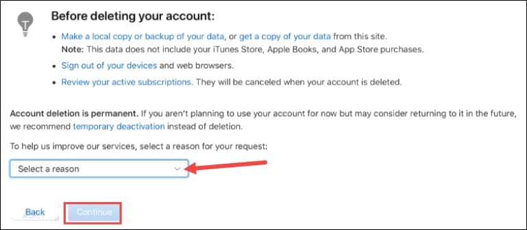 select-reason-for-deleting-apple-account