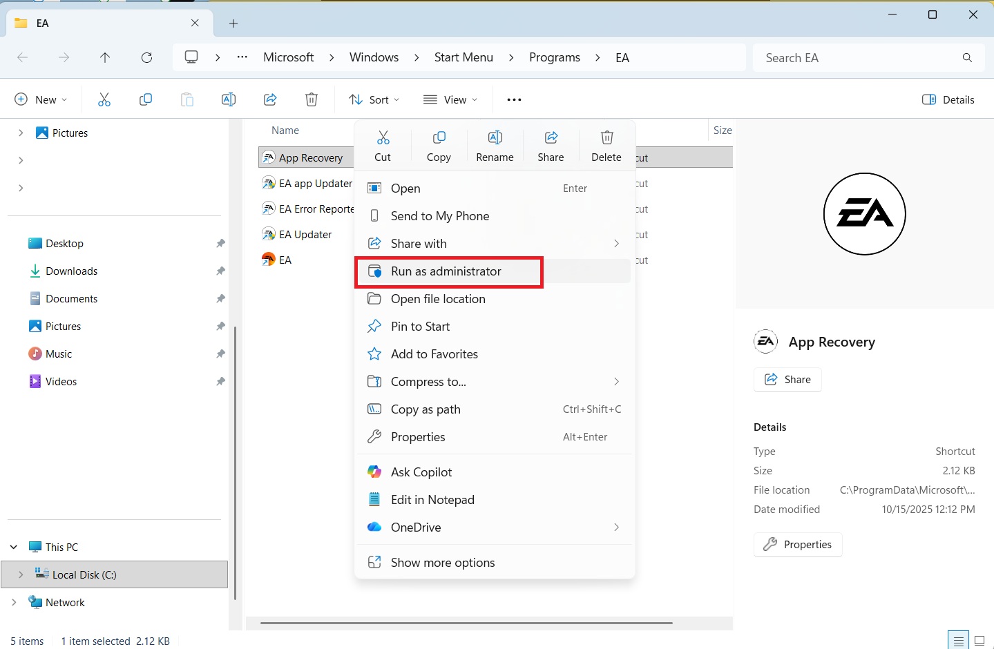app-recovery-run-as-administrator
